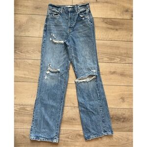Zara Jeans Womens 0 Medium Wash Wide Leg Hi Rise Distressed Button Fly Blue